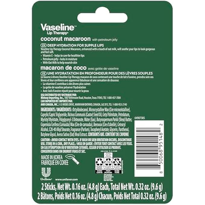 Vaseline LIP THERAPY HOLIDAY EDITION COCONUT MACAROON, REFRESHING HYDRATION WITH PETROLEUM JELLY, 2 PACK WITH 4 STICKS, 0.16 OZ EACH - Image 3